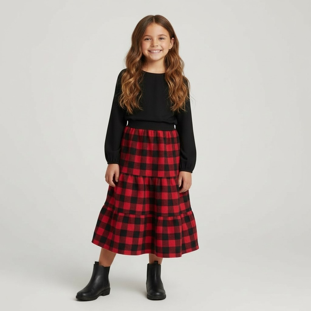 Skirt Flannel Girls 6/7 Maxi Red Buffalo Plaid Ruffle Tier Mom and Pop's Kids‎